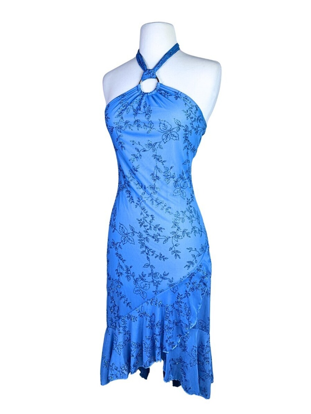 Taboo Blue Glitter Floral Halter Dress S Y2K Asymmetrical Hem